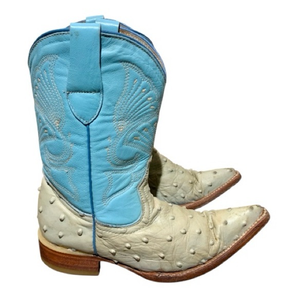 Kids Turquoise & Ivory Ostrich Skin & Leather Western Cowboy Boots Size 12